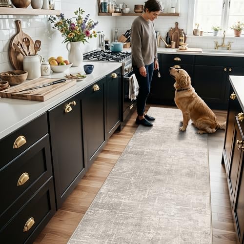 Hallway 2x8 Washable Runner Rug: Abstract Stain Resistant Entryway Kitchen Area Rugs Farmhouse Soft Bathroom Bedroom Print Floor Mat Thin Non-Slip Indoor Carpet for Living Room Laudry(2x8,Beige/Cream) - Image 2