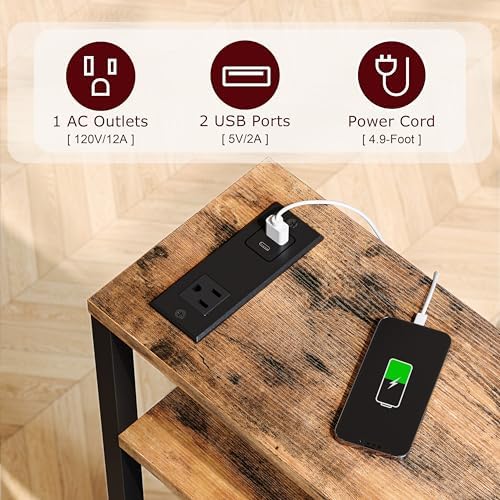 Narrow Side Table with Charging Station Slim End Table Sofa with Magazine Rack, Bedside Table for Small Spaces, 3 Tier Nightstand for Living Room Couch, Bedroom Rustic Brown LET503RE - Image 4