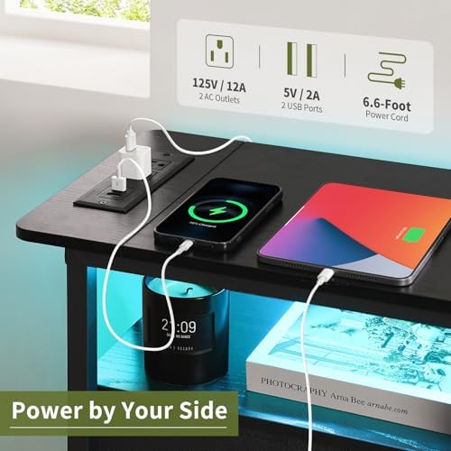 Yoobure End Table with Charging Station, LED Narrow Side Table Bedside Table, Small Night Stand End Tables Living Room, Skinny Nightstand with 3 Fabric Drawers, Side Tables Bedroom for Small Spaces - Image 5