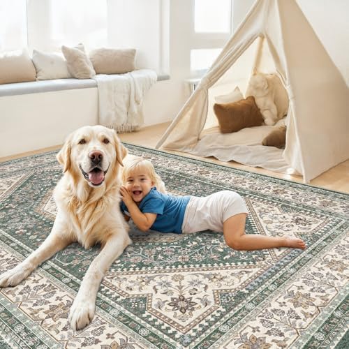 7x9 Washable Area Rug for Living Room - Non-Slip Vintage Rugs Green Beige by Puino