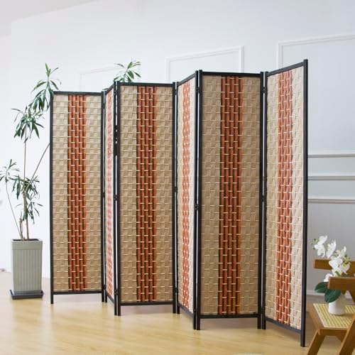 Furnnylane 6 Panel Rattan Room Divider, 5.9 ft Tall Double-Sided Blackout Folding Privacy Screen for Room Separation, with Beige and Orange Panels for Home & Office (70.9" H x 106.3" W) by Furnnylane