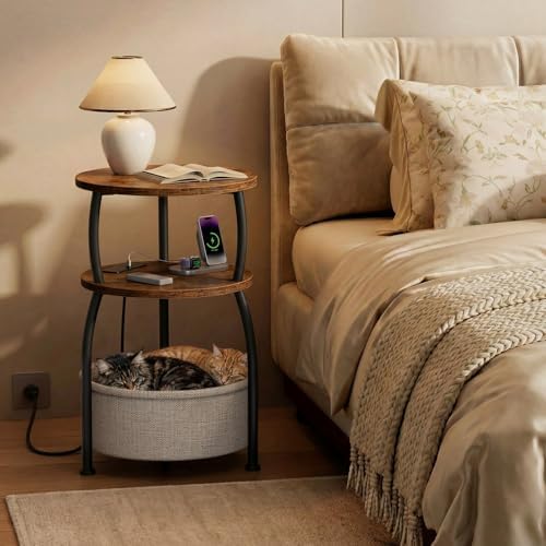 Round Side Table with Charging Station, USB Type C Port, Brown - Image 4