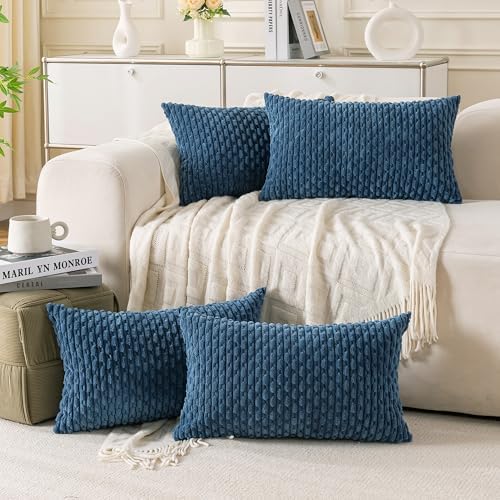 Set of 4 Blue Decorative Throw Pillow Covers 12x20 Inch Corduroy Pillow Covers for Bed Couch Sofa Living Room Soft Cushion Cases by Cozoomy
