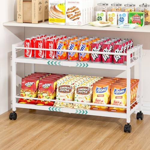 2-Tier Expandable Rolling Pantry Cart with Wheels, Adjustable Floor Organizer for Kitchen Pantry, Can Organizer for Pantry, Storage Cart for Snack, Food, Vegetables, White, Patent Pending by 3IngSeagulls