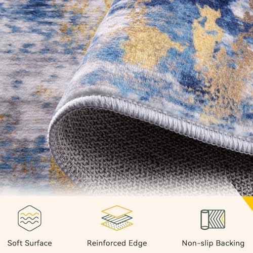 RELEANY Washable Runner 2'6"x14' Abstract Area Rug for Hallway Blue Gold - Image 3