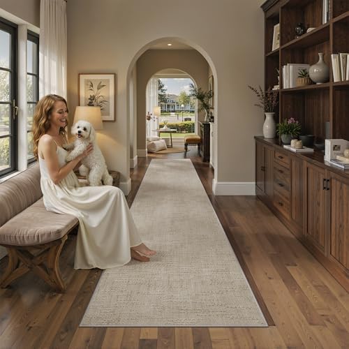 Valenrug 2x10 Hallway Runner Rug, High-Low Pile Textured Washable Rug Beige by Valenrug