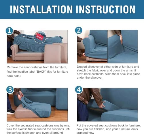H.VERSAILTEX 4 Piece Stretch Sofa Covers for 3 Cushion Couch Covers for Living Room Furniture Slipcovers (Base Cover Plus 3 Seat Cushion Covers) Thicker Jacquard Fabric (Large Sofa, Dusty Blue) - Image 6