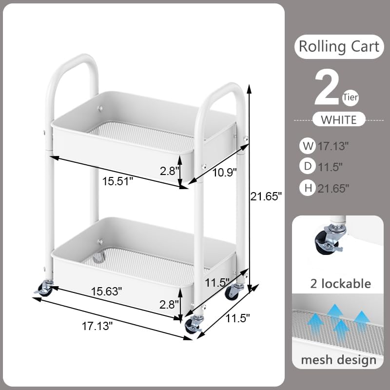 2 Tier All-Metal Rolling Cart, Rolling Storage Cart with Handle and Locking Wheels Kitchen Cart Laundry Office Bathroom Storage Organizer Cart, White - Image 5