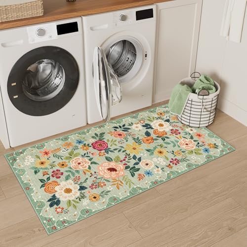 DUKINO 2x4 Entryway Rug, Floral Washable Kitchen Rugs Non Slip, Green - Image 4