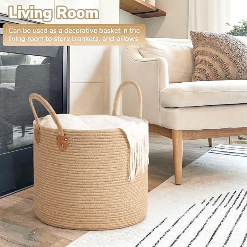 CHICVITA 50L Blanket Basket Living Room, Wicker Laundry Baskets for Home Decor, Baby Toy Basket with Handles, Large Nursery Hamper for Blankets Towels Clothes, 16" X 16" X 14", Jute Brown - Image 3