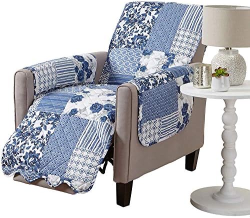 Great Bay Home Reversible Patchwork Recliner Cover - Washable Slipcover Furniture Protector with Elastic Straps - Perfect for Kids & Pets - Box-Stitched Detail (Navy) by GreatBayHome