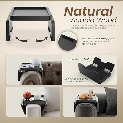 HOLANA Acacia Sofa Arm Tray Table, Double Hinge, Clip-On Couch Tray, Black - Image 2
