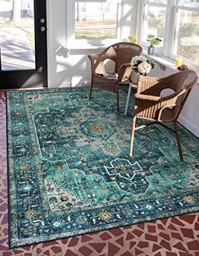 Moynesa Ultra-Thin Washable Vintage Area Rug - 5x7 Large Living Room Rug Boho Oriental Medallion Bedroom Mat Non-Slip Non-Shedding Dining Room Floor Carpet for Home Office, Teal/Mutil - Image 6