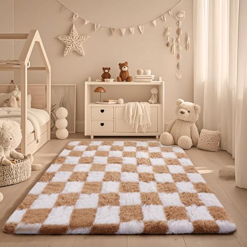 Ophanie Checkered Beige & White Rug for Living Room Bedroom,Fluffy Soft Cute Fuzzy Area Rugs,Shag Plush Shaggy Bedside Floor 4x6 Furry Carpet Kids Baby Teen Dorm Decor with Over 99 pcs Pile fibers - Image 3