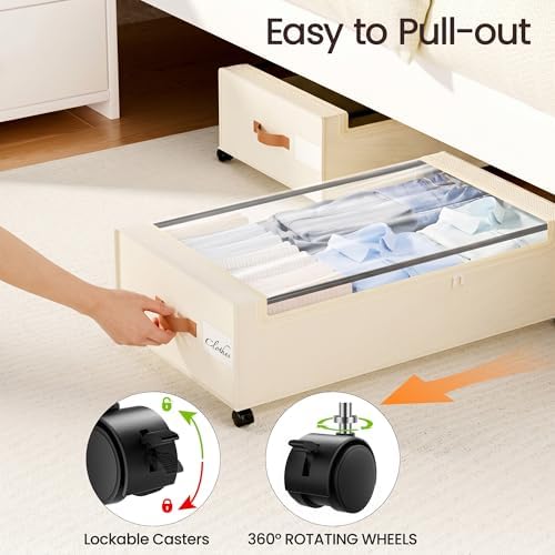 Yecaye 82L Under Bed Storage Containers, Fits 9.4" Under Bed, 2 Pack, Beige - Image 5