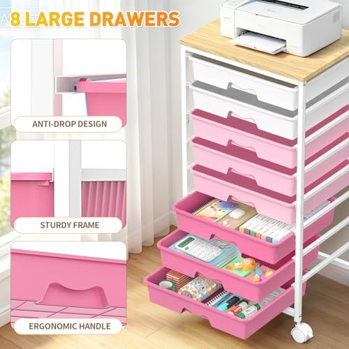 SUNALLY Rolling Cart With 8 Drawers, Storage Drawer Cart for Craft Art,Pink - Image 5