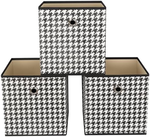 Foldable Storage Cubes Bins,11 Inch Cloth Storage Cube Fabric Storage Box Cubes Organizer Baskets with Dual Handles for Home Organizer Set of 3 (Houndstooth) by NieEnjoy