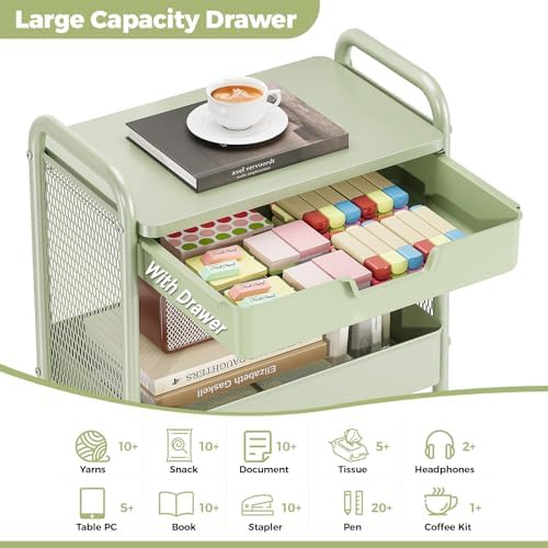 KINGBOARD 3 Tier Metal Rolling Cart with Drawer, Green Utility Storage Cart | 2 Cups & 4 Hooks, Lockable Wheels, Trolley Organizer for Bathroom, Kitchen, Office, Nursery, Dorm, Laundry, Craft Room - Image 3
