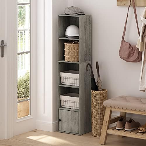 Furinno LUDER Book Shelf, 5-Tier Modern Bookshelf, Bookcase with 1 Door Storage Cabinet, 9.3 x 12 x 52, for Organization and Storage, for Living Room, Bedroom, Home Office, French Oak - Image 5