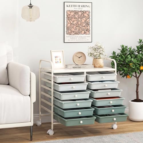 Giantex 12 Drawers Rolling Cart, Mobile Storage Drawer Cart, Classroom Organizer Cart for Office School Supplies Tools Scrapbook Paper Craft Small Printer, Utility Cart on Wheels, Green Gradient - Image 4