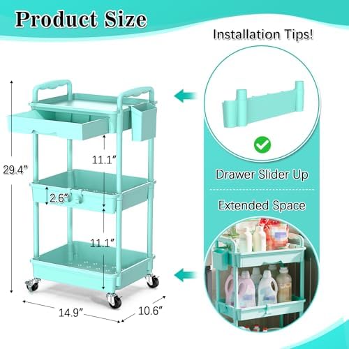 SUNALLY 3 Tier Rolling Cart with Drawer, Craft Storage Cart Organizer, Blue - Image 2