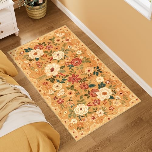 DUKINO 2x4 Entryway Rug, Floral Washable Kitchen Rugs Non Slip, Orange - Image 3