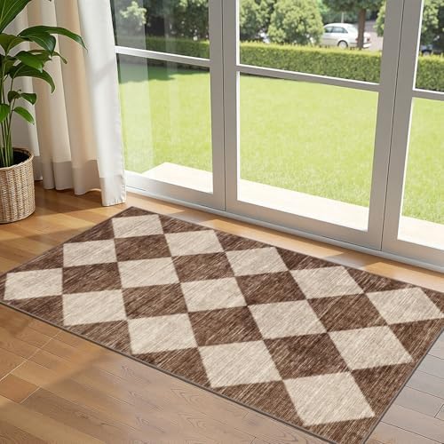 Front Door Mat Indoor Entrance - 2x4.3 Ft Brown Beige Diamond Rug by Othilic