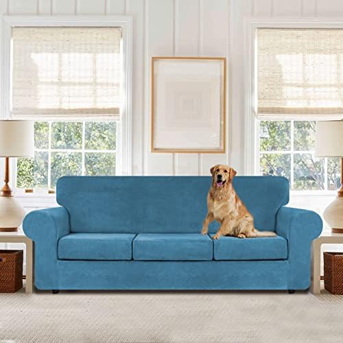 WEERRW 4-Piece Couch Cover for Sofa Velvet Slipcover Washable, Peacock Blue - Image 2
