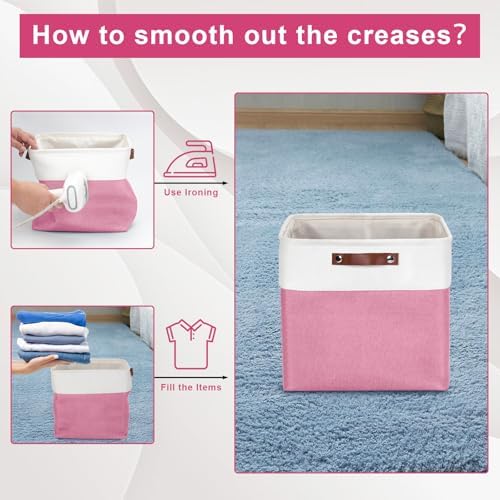 Bagnizer 13x13 Cube Storage Bins, Collapsible Fabric Storage Box, 4 Pack Closet Baskets with Handles for Organizing, Shelf, Toys, Clothes, Home, Office, Nursery (Pink&White) - Image 6