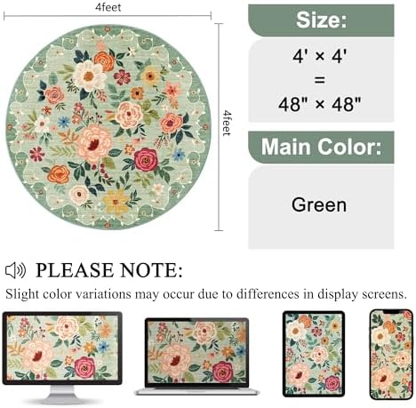 DUKINO 4ft Round Rug, Floral Washable Small Round Area Rug Non Slip, Green - Image 2
