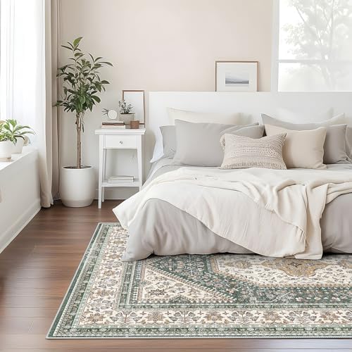 9x12 Washable Area Rug for Living Room - Non-Slip Vintage Rugs Green Beige - Image 2