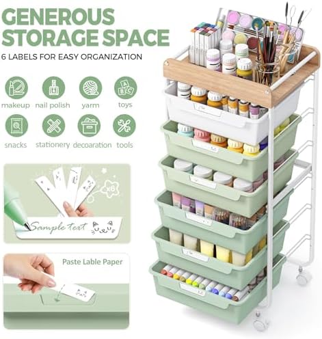 SYKIARIOL 6 Drawer Rolling Cart for Craft Storage,Utility Drawer Cart,Green - Image 5