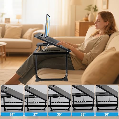 Laptop Bed Desk, Adjustable Lap Desk, Small Laptop Table with USB Charge Port, Desktop Card &Pen Slot, Cup Holder, Foldable Bed Tray Table for Couch Sofa Chair Floor Eating Working - Image 4