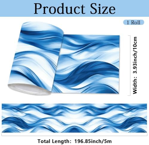 Ocean Wave Wallpaper Border Peel and Stick 196 x 4 Inch Ocean Beach Bulletin Board Boarder PVC Decorative Mirror Frame Trim Stickers for Bathroom Kitchen Backsplash Hotel Home Decorations - Image 2