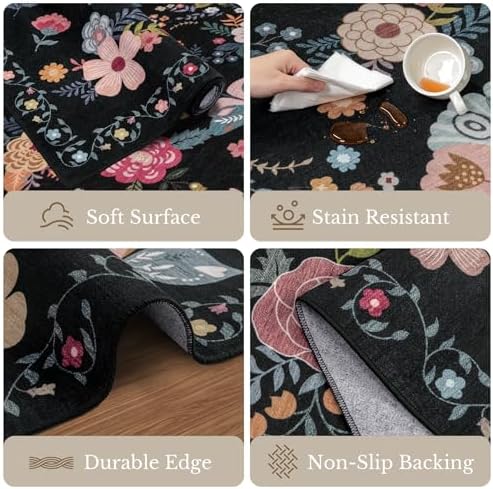 Area Rug 9x12 Living Room: Soft Floral Washable Boho Carpet Black - Image 7