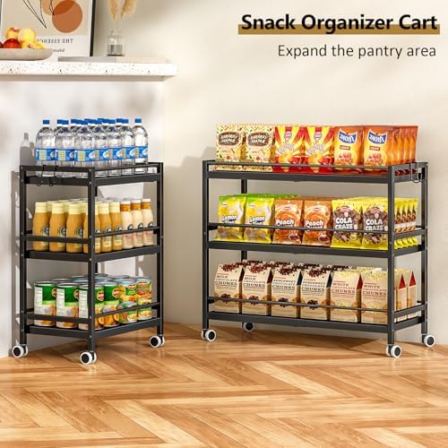 3-Tier Expandable Rolling Pantry Organizers and Storage Cart with Wheels, Adjustable Pantry Floor Organizer, Snack Cart for Pantry, Kitchen Storage Cart with 4 Hooks for Snack, Food, Vegetables, Black - Image 7