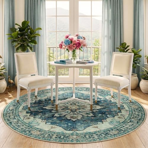 RELEANY Washable Area Rug, Round 5ft, Blue/Vintage Dark Blue - Image 3