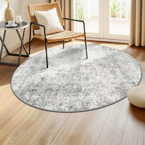 RELEANY Washable Round 4ft Area Rug for Living Room Gray White by RELEANY