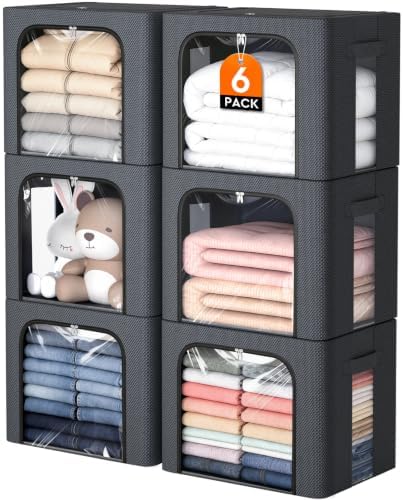 6 Pack Clothes Storage Bins with Metal Frame,40L Storage Bags Fabric Box Organizer with Clear Window,Zippers,Sturdy Handles(6 Pcs,Light Grey,40L) by EpicTotes