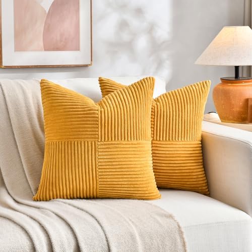 Fancy Homi 2 Packs Gold Yellow Euro Decorative Throw Pillow Covers 26x26 Inch for Couch Bed Sofa, Rustic Farmhouse Boho Home Decor, Soft Corss Corduroy Patchwork Textured Square Cushion Case 66x66 cm - Image 5