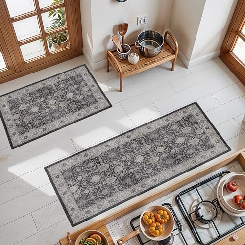 Kitchen Sink Rugs Set 0f 2: Washable Non-Slip Hardwood Floor Mat for Stove Dishwasher Fronts Soft Stain Resistant Carpet for Cooking Area & Fridge Boho Home Decor for High Traffic Area(2x3+2x4,Black) by HYHAOYUNLAI