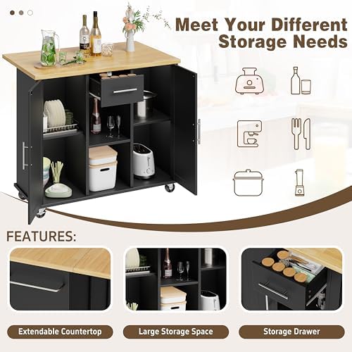 Shintenchi Kitchen Island with Storage, Bar Cart Cabinet Island Table on Wheels, Rolling Microwave Cart for Kitchen with Drop Leaf, Drawers, Towel Rack, Seating Area for Dining Room, Black - Image 5