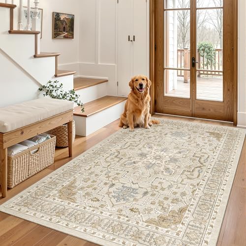 Madane Area Rug 4x6 Washable Rugs Vintage for Living Room, Beige/Blue - Image 3