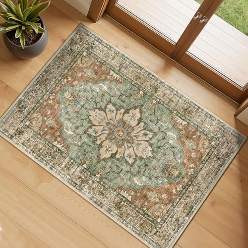 RELEANY Washable Area Rug, Small 2'x3', Brick/Brown/Green by RELEANY