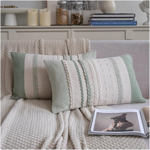 Cethom Boho Lumbar Pillow Covers 12x20 Inch Set of 2, Sage Green Textured Decorative Couch Pillow Cases for Farmhouse Home Decor, Accent Cushion Cover for Sofa, Bed, Living Room, Bedroom by Cethom