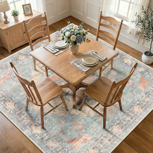 RELEANY Washable Area Rug, Square 8'x8', Blue/Orange/Red - Image 3