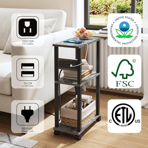 TUTOTAK Small Narrow Side Table with Charging Station, Skinny End Table - Image 5