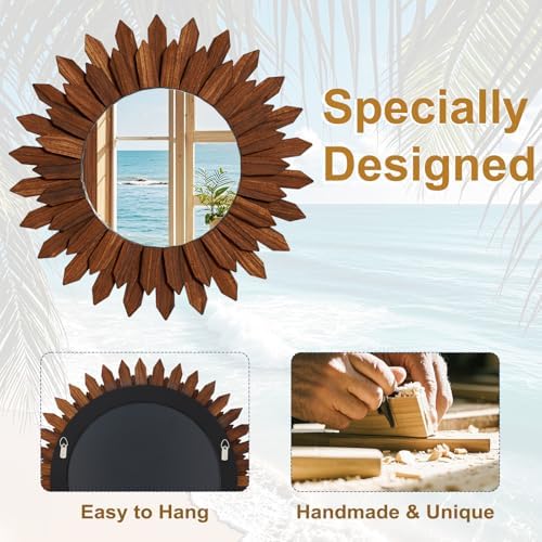 20" Walnut Round Sunburst Wooden Mirror Boho Rustic Wall Decor - Image 6