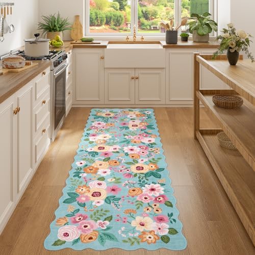 DUKINO 2x6 Runner Rug, Floral Washable Rug for Kitchen Non Slip, Teal - Image 3