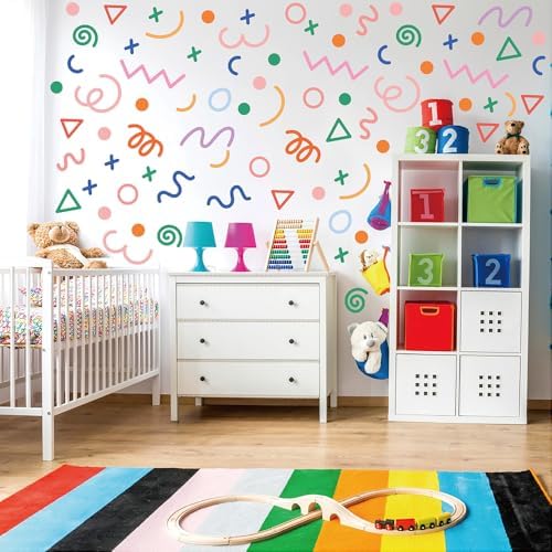 200 PCS Peel & Stick Removable Colorful Abstract Geometric Wall Decals | 10 Sheets Vinyl Wall Stickers in Mixed Size Shapes (1.8–5.7 in) for Nursery, Kids Room, Bedroom, Playroom & Home Decor - Image 6